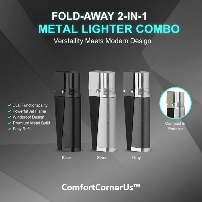 ComfortCornerUs™ Fold-Away 2-in-1 Metal Lighter Combo