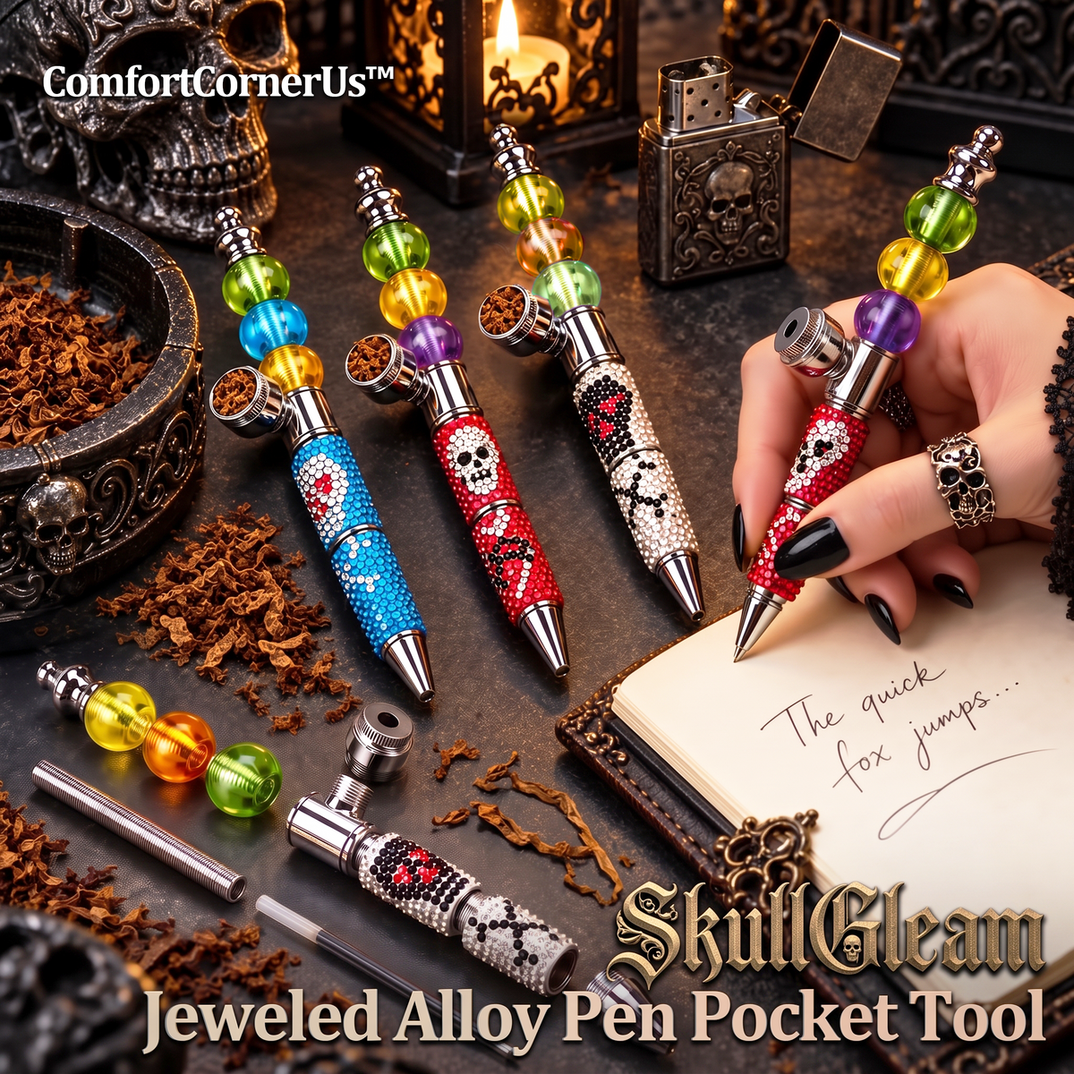 ComfortCornerUs™ SkullGleam Jeweled Alloy Pen Pocket Tool